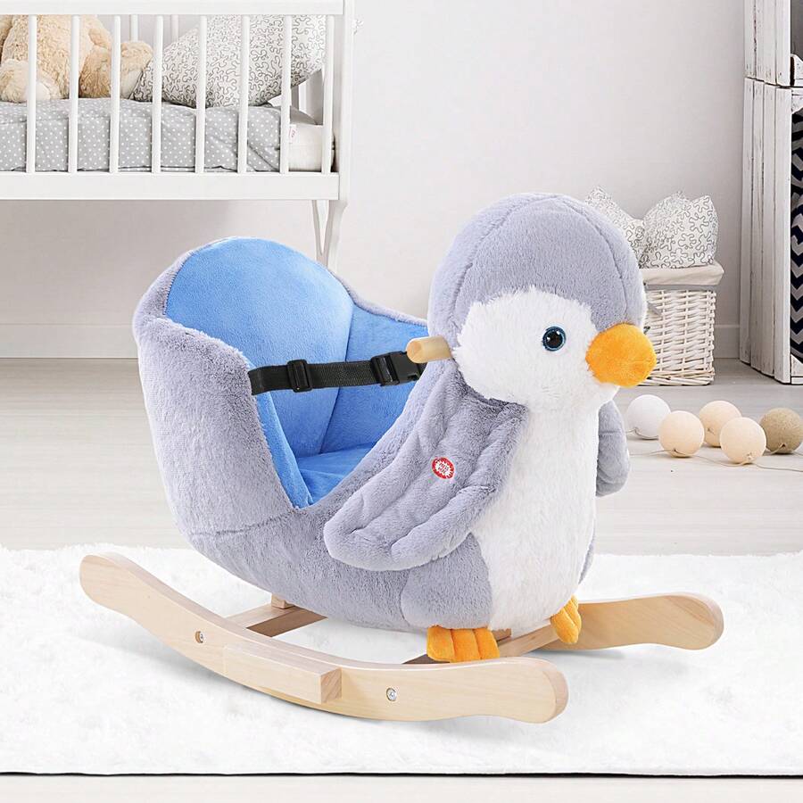 Cavallo a Dondolo a Forma di Pinguino in Peluche con 32 Musiche e Cintura di Sicurezza, Dondolo per Bambini da 18 Mesi