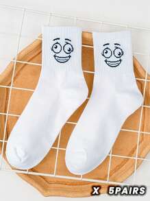 5 paires de chaussettes mi-mollet mignonnes, à motifs d'expressions de dessins animés, simples, décontractées, confortables et respirantes pour les couples, pour l'automne et l'hiver - Blanc - Voir 15