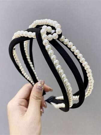 1pc Women's Beige Faux Pearl Knotted Headband, Suitable For Daily Wear And Outings ,Hair Hoop Hairband For Women Hair Accessories