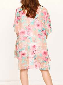 Boho Retro Coral Pink Orange Floral Chiffon Light Weight Slouch Kimono Cardigan Cover Up - Coral Pink - View 7