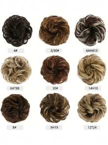 黑色、棕色、金色凌乱发髻假发片 - 自然波浪卷发发髻，蓬松盘发接发，卷曲波浪马尾合成假发，配有弹力发带，适合女性和女孩日常、派对、婚礼和轻松造型 - 彩色 - 查看 6