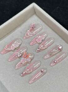 10 件长尖杏仁形仿真指甲，带珍珠、水钻、粉色山茶花和蝴蝶装饰，可拆卸和可重复使用，适合女士和女孩的装饰性假指甲，适合生日派对、婚礼、日常佩戴，按压式指甲，美甲用品