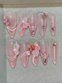 10 件长尖杏仁形仿真指甲，带珍珠、水钻、粉色山茶花和蝴蝶装饰，可拆卸和可重复使用，适合女士和女孩的装饰性假指甲，适合生日派对、婚礼、日常佩戴，按压式指甲，美甲用品