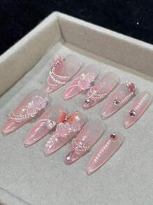 10 件长尖杏仁形仿真指甲，带珍珠、水钻、粉色山茶花和蝴蝶装饰，可拆卸和可重复使用，适合女士和女孩的装饰性假指甲，适合生日派对、婚礼、日常佩戴，按压式指甲，美甲用品