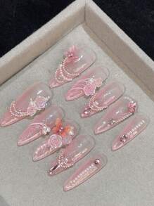 10 件长尖杏仁形仿真指甲，带珍珠、水钻、粉色山茶花和蝴蝶装饰，可拆卸和可重复使用，适合女士和女孩的装饰性假指甲，适合生日派对、婚礼、日常佩戴，按压式指甲，美甲用品