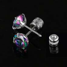 1 对时尚彩色方晶锆石钛钢螺旋双头耳环，彩色 CZ 平背耳钉，男女通用日常佩戴 - 銀色 - 查看 4