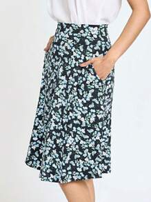 Boho Retro Knee Length Skirt Ditsy Floral - Blue and White - View 4