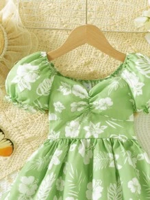 女童夏季白色碎花甜美领泡泡袖连衣裙，清新时尚，可爱简约 - 薄荷綠 - 查看 5