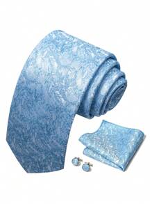 AlanKing 1 set Corbata azul, pañuelo de bolsillo y juego de gemelos para hombres, regalo para oficina, fiesta o boda