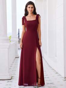 EVERPRETTY Đầm voan đơn giản buộc dây rộng màu trơn xẻ tà bên hông - Màu Đỏ Sâu - Xem 4