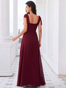 EVERPRETTY Đầm voan đơn giản buộc dây rộng màu trơn xẻ tà bên hông - Màu Đỏ Sâu - Xem 2