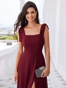 EVERPRETTY Đầm voan đơn giản buộc dây rộng màu trơn xẻ tà bên hông - Màu Đỏ Sâu - Xem 5