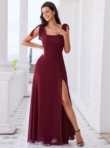 EVERPRETTY Đầm voan đơn giản buộc dây rộng màu trơn xẻ tà bên hông - Màu Đỏ Sâu - Xem 1