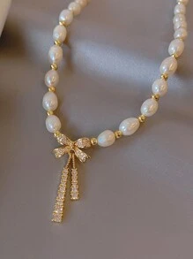 1 件仿珍珠复古简约风格轻奢项链青少年小众设计蝴蝶结仿珍珠项链，送给朋友的珠宝礼物 - 均碼 - 查看 8