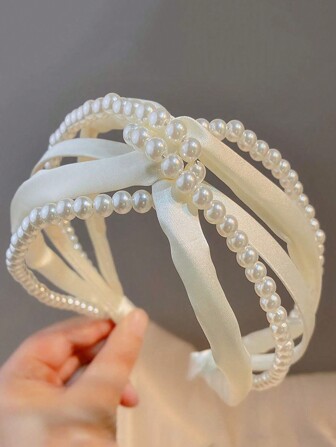 Elegant 1pc Ladies' Beige Faux Pearl Knot Headband For Daily Wear And Travel Outfits Tiaras,Hairband,Hair Hoop Headbands Hair Accessories