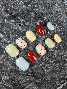 10 szt./zestaw francuskich, retro, ręcznie robionych sztucznych paznokci w kropki, krótkie kwadratowe i okrągłe, szykowne w stylu europejskim i amerykańskim, słodkie, luksusowe, wysokiej jakości, modne tipsy na imprezę, święta, do codziennego noszenia, dociskane paznokcie, artykuły do paznokci, paznokcie