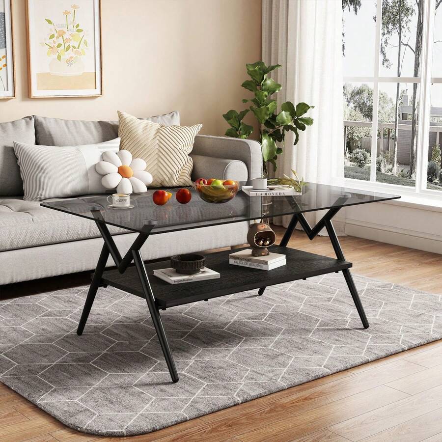 LZ Home Rectangle Coffee Table With Tempered Glass Top And Metal Legs, Modern Table For Living Room, Transparent Glass - Gray - View 1