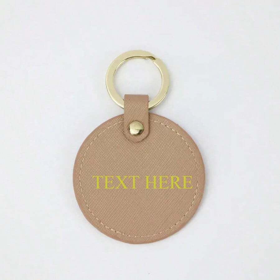 Customized Initial Letters 1pc Men Saffiano Leather Circle Keychain Round Key Ring Women Home Key Chain Gift With Monogrammed Letters - Apricot - View 1