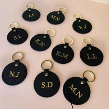 Customized Initial Letters 1pc Men Saffiano Leather Circle Keychain Round Key Ring Women Home Key Chain Gift With Monogrammed Letters - Grey - View 3