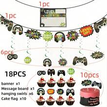 18pcs Gaming Party Decorations Set - Game Controller, "Game On", Black & Green Gaming Graphics, Hanging Pennants, Tabletop Signs, Cake Toppers, Birthday Party Background Decor For Gamers - Multicolor - View 5
