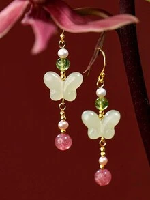 一對優雅時尚的中國古風蝴蝶吊墜耳環，適合女性日常居家、海邊度假、約會旅行、晚餐、返校季、畢業季佩戴，是假日禮物和派對禮物的不二之選。 - 綠色 - 查看 1