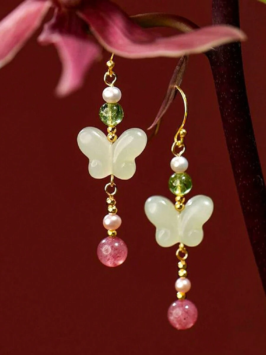 一對優雅時尚的中國古風蝴蝶吊墜耳環，適合女性日常居家、海邊度假、約會旅行、晚餐、返校季、畢業季佩戴，是假日禮物和派對禮物的不二之選。 - 綠色 - 查看 1