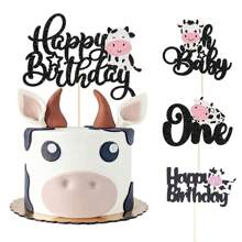 1 件奶牛生日快乐蛋糕装饰闪光农场动物奶牛蛋糕挑选性别揭示主题 1 岁生日派对蛋糕装饰用品，返校情人节 - 彩色 - 查看 1