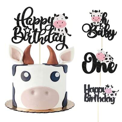 1 件奶牛生日快乐蛋糕装饰闪光农场动物奶牛蛋糕挑选性别揭示主题 1 岁生日派对蛋糕装饰用品，返校情人节