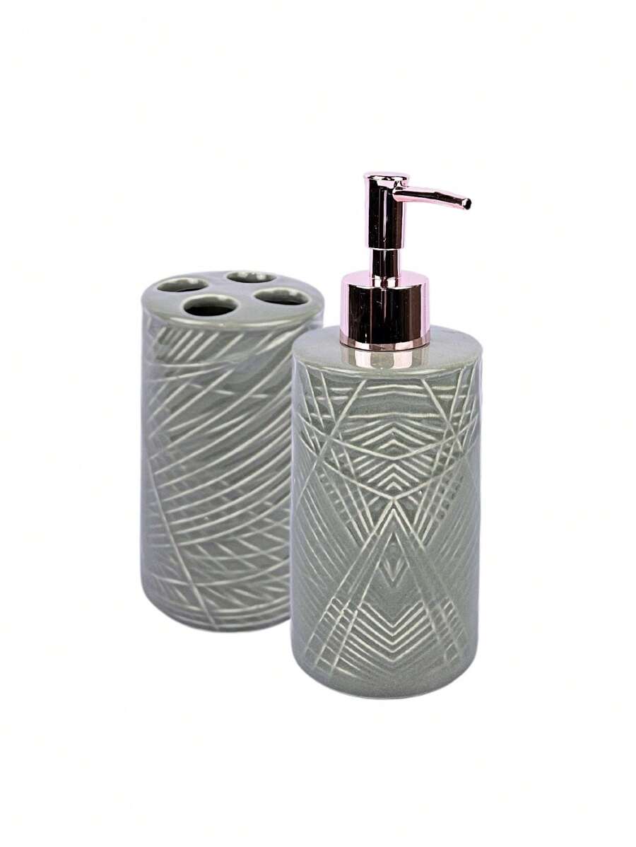 Bathroom Accessories Kit Toilet 2 Pieces Ceramic Brush Holder And Liquid Soap Holder - 灰色 - 查看 1