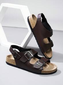 男女时尚休闲凉鞋，软木鞋底，舒适鞋垫，一键式露跟，可调节金属装饰带，夏季户外沙滩散步凉鞋，男女通用 - 棕色 - 查看 6