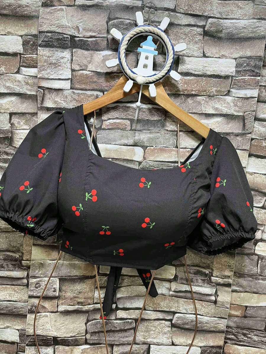Cropped Blouse With Bulge With Sleeves Summer Fashion Floral Print - 黑色 - 查看 1