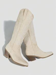 Giày bốt da lộn giả mũi nhọn thêu họa tiết phương Tây mùa đông cho nữ - Màu be - Xem 4