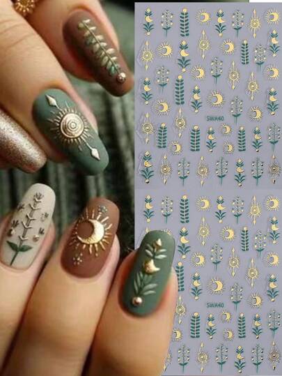 2pcs Metallic Bronze-Green Nail Art Stickers, Moon Sun Totem Tree Pattern, 3D Nail Decals, Christmas Holiday Nail Art Decoration Nails Nail Supplies