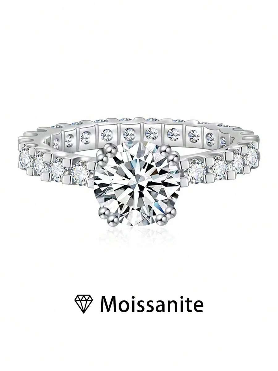 1 Nhẫn Solitaire chất lượng trang sức dành cho nữ, Bạc S925 Sterling 3,2g Moissanite tròn 2ct, Lễ đính hôn/Đám cưới/Quà kỷ niệm sang trọng thanh lịch, Đi kèm với Giấy chứng nhận Moissanite và Hộp quà tinh tế - Bạc - Xem 1