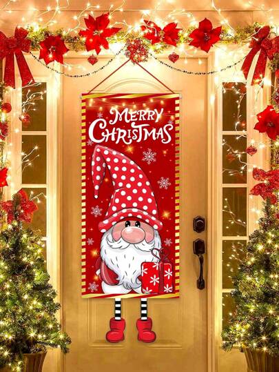1 件 38.5x96cm 圣诞主题涤纶吊旗，生动展示戴着红色圆点帽子的侏儒，适用于圣诞节假期门框装饰、花园旗帜装饰、客厅装饰，由涤纶制成，可爱的侏儒拿着礼物，周围环绕着雪花，搭配节日红色背景和突出的“圣诞快乐”文字。