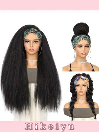 28 英寸女士长直发头带蓬松假发优质合成头带假发天然无胶无蕾丝假发，带头带和假发帽，易于佩戴，黑色头带超柔软蓬松，非常自然轻盈，佩戴舒适且持久