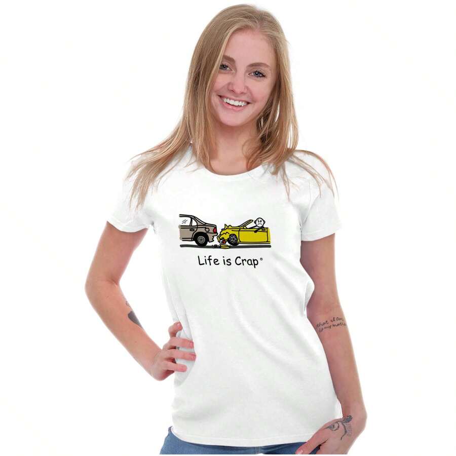 Life Is Crap Womens Fitted Graphic Tee Shirt Funny Car Accident Fail Sarcastic Unlucky Driving Humor Hilarious Relatable Joke Ladies Casual Slim Fit Fashion Cotton Printed Short Sleeve Crewneck Tshirt - 白色 - 查看 1