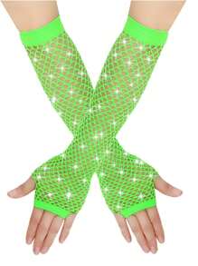2pcs Women's 1980s Neon Street Party Punk Rhinestone Fishnet Fingerless Gloves With High Elasticity, Suit For Halloween, Festival, Mother's Day Gift