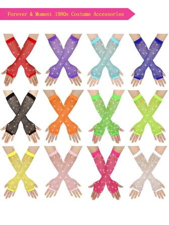 2入組女士1980年代霓虹街派對龐克鑲有鑽石網狀無指手套，高彈性，適用於萬聖節、節日、母親節禮物