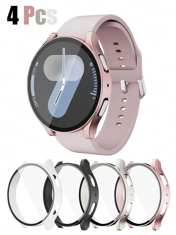 4PCS Compatible With Samsung Galaxy Watch Protective Case 4-Color Combination Sports And Leisure Series With Delicate Touch, Scratch Resistant And Drop Resistant Hard PC Case+High-Definition Glass Screen Protector Integrated Watch Protective Case Compatible With Samsung Galaxy Watches 4/5/6/7 40mm 44mm, Fashionable And Convenient Men's And Women's Watch Protective Cases