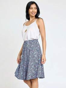 Boho Retro Knee Length Skirt Ditsy Floral - Blue - View 3