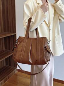 Solid Color Fabric Large Capacity Multi-Pocket Women Shoulder Tote Bag - Brown - View 1