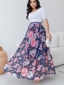 Women's Long Skirt Mesh Tulle 3 Marias Floral Print Moda Evangelica Crista Elegante Premium REF: Samanta - 藍色 - 查看 1