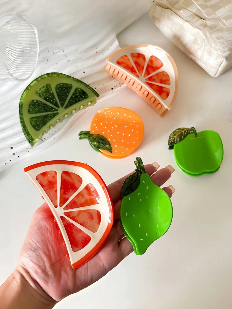 1 pieza Pinza de cabello de acrílico con forma de fruta colorida, pinza de cabello de tamaño grande para coleta, diseño dulce de naranja, limón y manzana verde, accesorio de cabello lindo para niña