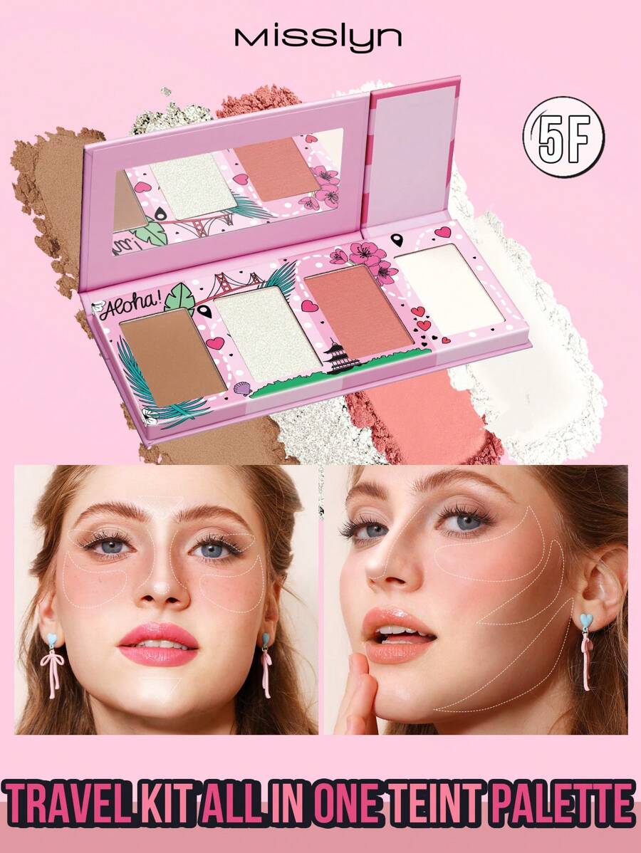 Misslyn TRAVEL KIT ALL IN ONE TEINT PALETTE, 4-Color Face Palette With Highlight Blush Contour Bronzer Palette Professional Contour Palette , Y2K Makeup Party Beach Travel Holiday Camping Outdoors Present Rose Fashion Girl New Year Cosmetic Cosplay Best Trip Festivals Color Fancy Campus School Charm Vibe Cny Chinese New Year, Valentine's Day Gifts,Vegan,Cruelty Free - 5F - Xem 1