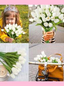 Kit 10 Piezas De Flores Tulipan Artificiales De Calidad Premium, Ramo De Tulipanes Con Toque Real, Flores Artificiales Para Bodas, Habitaciones, Hoteles, Fiestas, Evento, Regalos De San Valentín Y Año Nuevo - Blanco - Ver 4