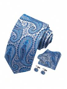 AlanKing 1 Set Blue Paisley Necktie, Pocket Square, And Cufflinks Suit For Men Business Office Party Wedding Gift Men Necktie