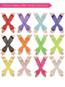 2pcs Women's 1980s Neon Street Party Punk Rhinestone Fishnet Fingerless Gloves With High Elasticity, Suit For Halloween, Festival, Mother's Day Gift