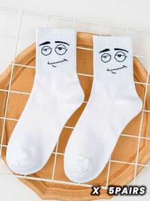 5 paires de chaussettes mi-mollet mignonnes, à motifs d'expressions de dessins animés, simples, décontractées, confortables et respirantes pour les couples, pour l'automne et l'hiver - Blanc - Voir 19