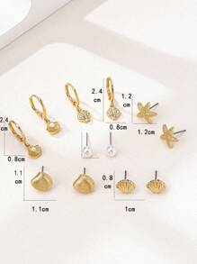 6pairs Elegant Ocean Themed Shell & Starfish Faux Pearl Earring Sets For Women, Jewelry Gift - Yellow Gold - View 5